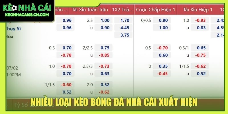 Nhiều loại kèo bóng đá nhà cái trên bảng thông tin